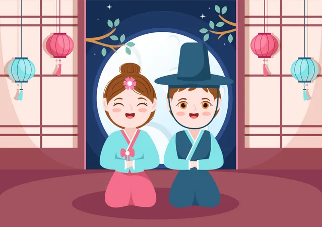 Pessoas no Hanbok tradicional no dia de Chuseok  Ilustração