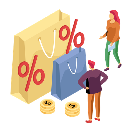 Pessoas recebendo desconto em compras  Ilustração