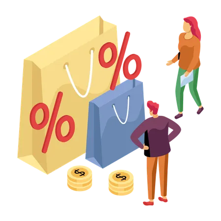 Pessoas recebendo desconto em compras  Ilustração