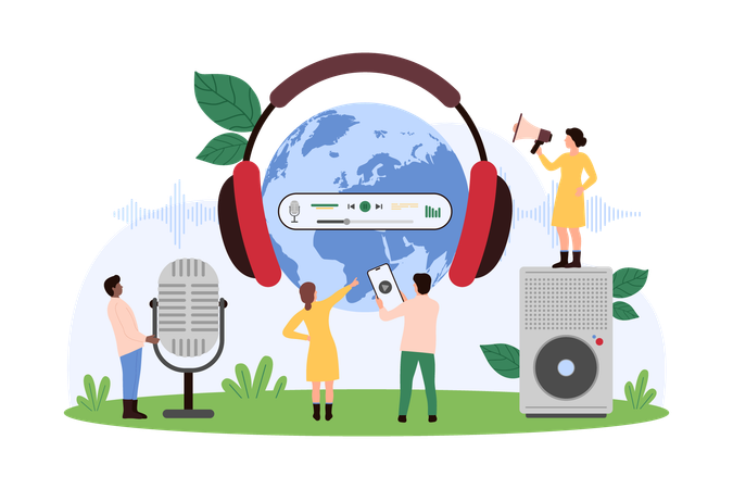 Pessoas ouvindo transmissão de rádio internacional  Ilustração