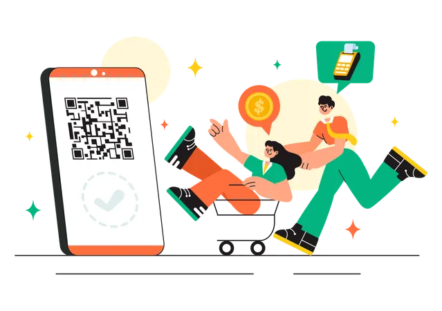 Pessoas pagando via código QR  Ilustração