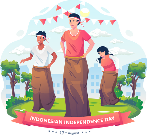 Pessoas participando da competição Sack Race no Dia da Independência da Indonésia  Ilustração