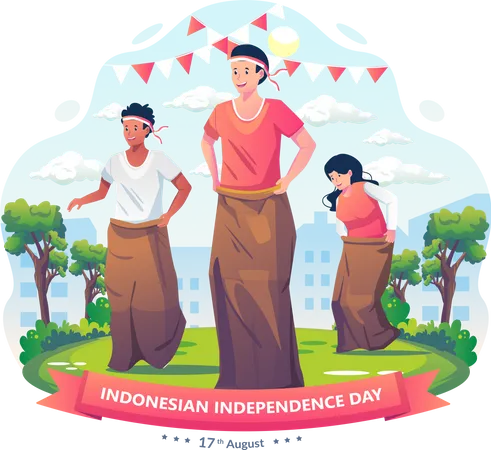 As Pessoas Celebram O Dia Da Independencia Da Indonesia Participando Da Competicao De Corrida De Sacos Ou Lomba Balap Karung No Dia 17 De Agosto Ilustracao Vetorial Em Estilo Simples Ilustração