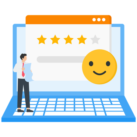 Personagens de pessoas dando feedback cinco estrelas ao serviço de helpdesk e escrevendo comentários positivos  Ilustração