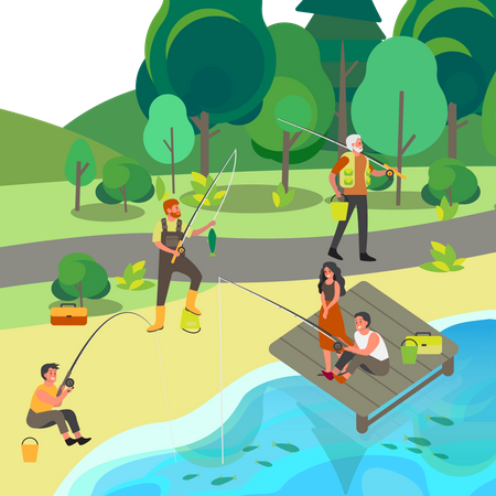 Pessoas pescando com vara de pescar no parque  Ilustração