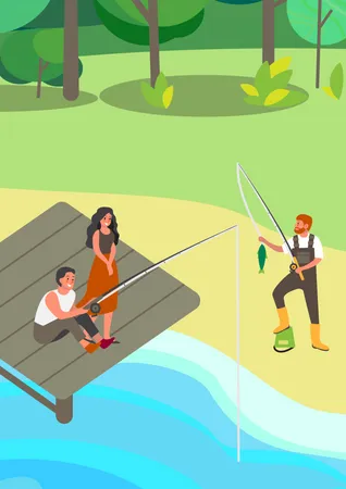 Pessoas pescando no parque  Ilustração