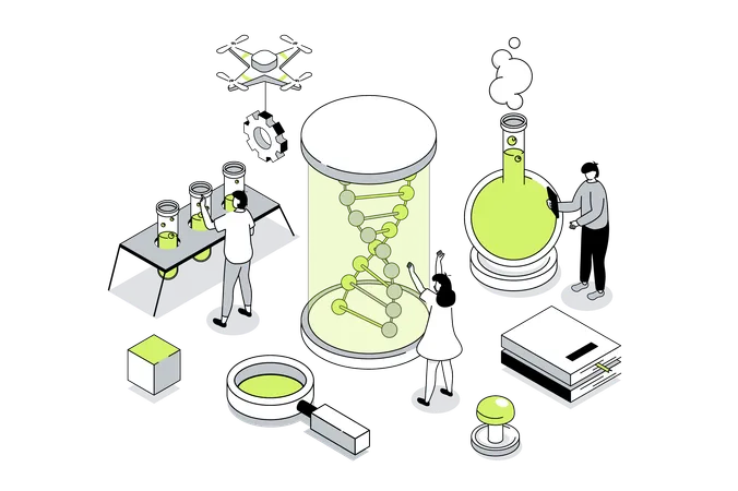 Pessoas pesquisando molécula de DNA em vidro  Ilustração