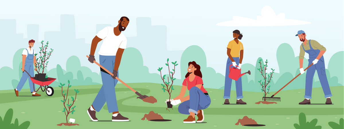 Pessoas plantando mudas e cultivando árvores  Ilustração