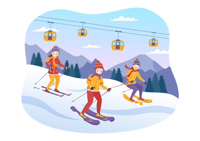 Pessoas praticando esqui no inverno  Ilustração