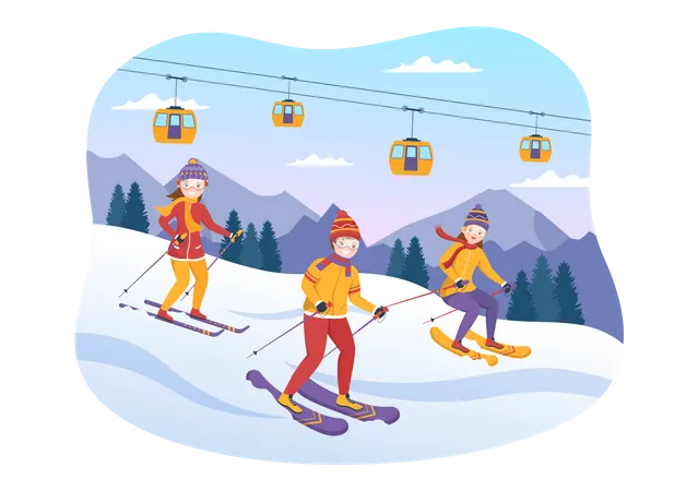 Pessoas praticando esqui no inverno  Ilustração