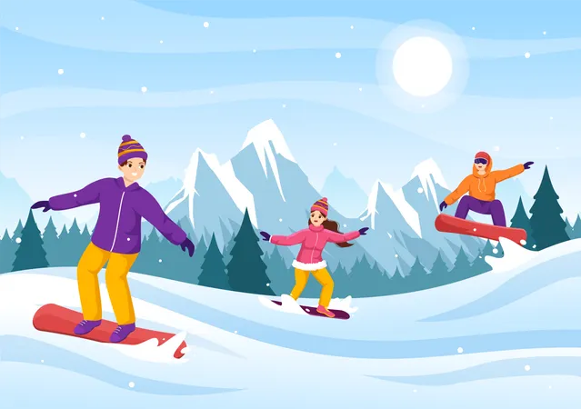 Pessoas praticando snowboard no inverno  Ilustração