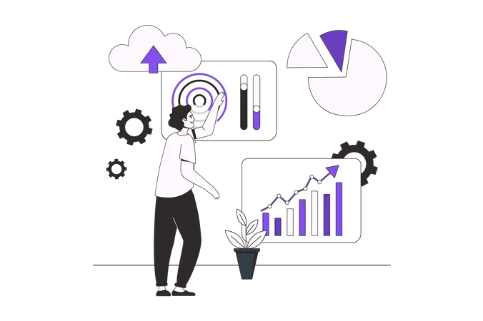 Pessoas processando dados coletados de diferentes dispositivos IOT  Ilustração