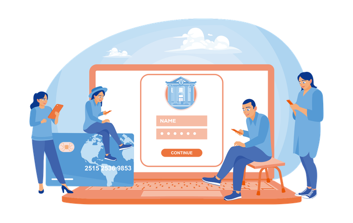 Pessoas que usam serviços bancários on-line inserem dados pessoais para fazer login  Ilustração