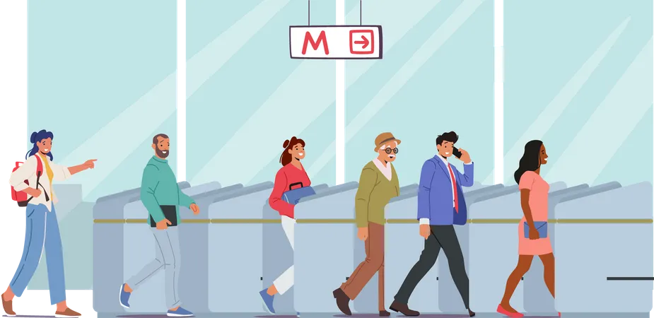 Personagens Usam Transporte Publico Conceito De Passe De Metro Pessoas Passando Pela Entrada Da Catraca Passageiros Masculinos E Femininos Escaneiam Passagens De Trem No Portao Automatico Do Metro Ilustra O Vetorial De Desenho Animado Ilustração