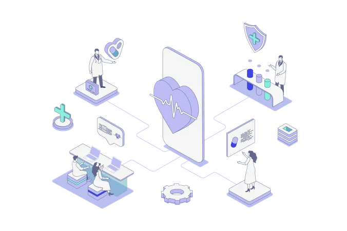 Pessoas recebendo consultas de cardiologia on-line em aplicativos móveis  Ilustração