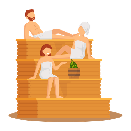 As pessoas relaxam e cozinham com vassouras de bétula  Ilustração
