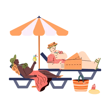 Pessoas relaxando na praia de verão.  Ilustração