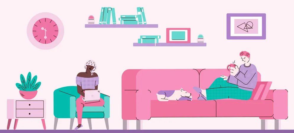 Pessoas relaxando na aconchegante sala de estar com chá, cachorro e laptop  Ilustração