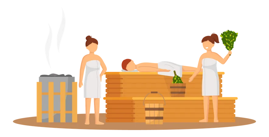Pessoas relaxando na sauna  Ilustração
