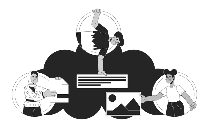 Pessoas salvando dados no armazenamento em nuvem  Ilustração