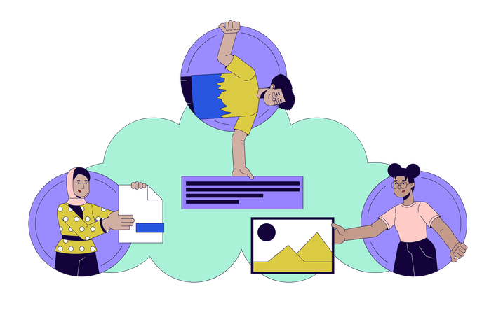 Pessoas salvando dados no armazenamento em nuvem  Ilustração