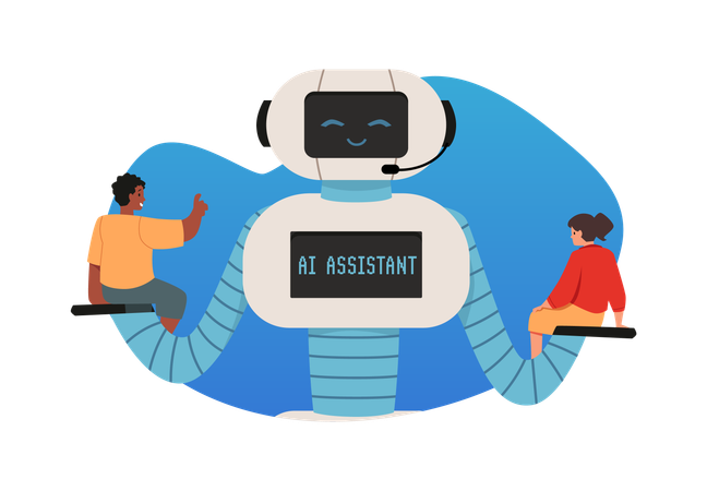Pessoas se comunicando com um robô de inteligência artificial sentado em seu braço  Ilustração