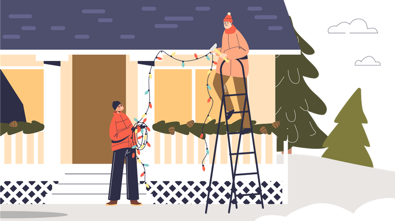 As pessoas se preparam para o Natal decorando o telhado da casa com luz de guirlanda  Ilustração
