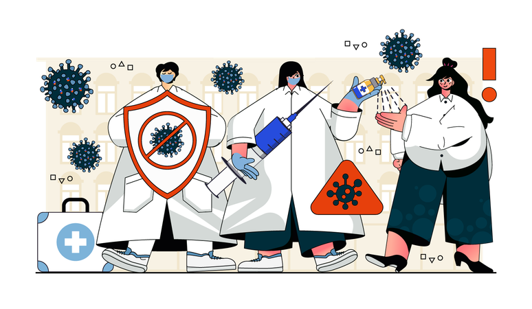 Pessoas se protegendo contra doenças impedem a propagação da pandemia, médicos fazem vacinação e tratamento  Ilustração