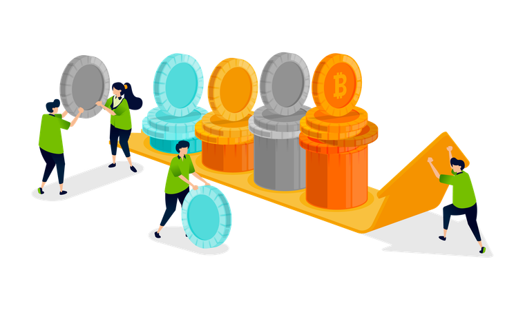 As pessoas seguem e analisam as tendências do bitcoin e das criptomoedas usando setas  Ilustração