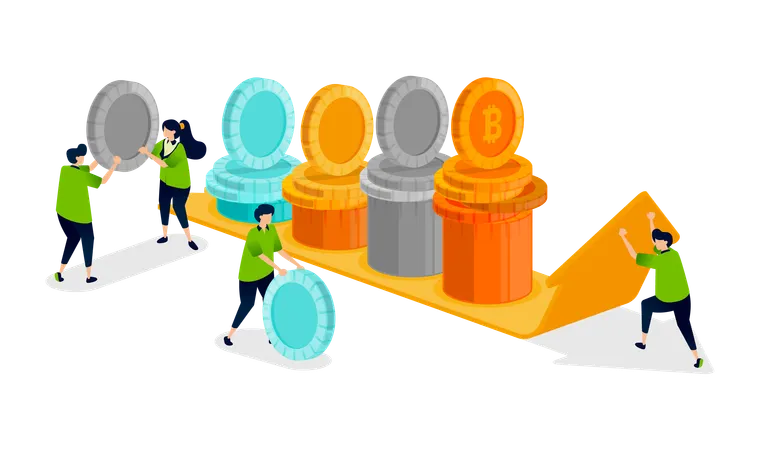As pessoas seguem e analisam as tendências do bitcoin e das criptomoedas usando setas  Ilustração