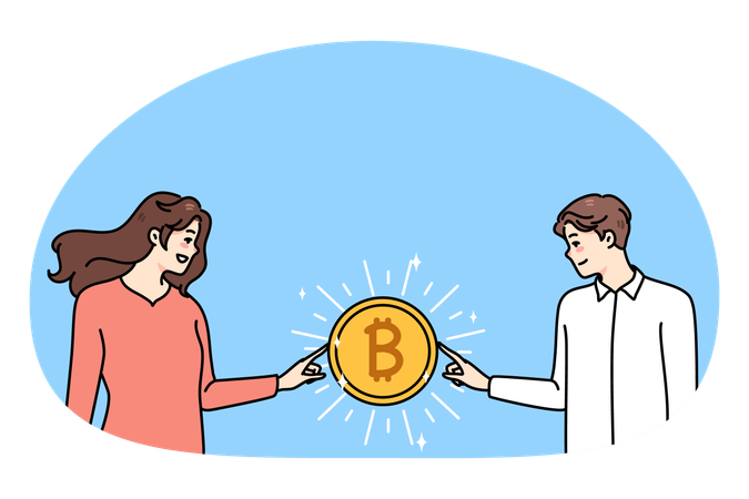 Pessoas seguram bitcoin trabalhando com criptomoeda  Illustration