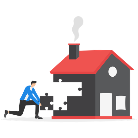 Pessoas segurando peças de quebra-cabeça para terminar a casa  Ilustração