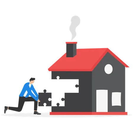 Pessoas segurando peças de quebra-cabeça para terminar a casa  Ilustração