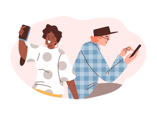 Pessoas sentadas e navegando na internet com smartphone  Ilustração
