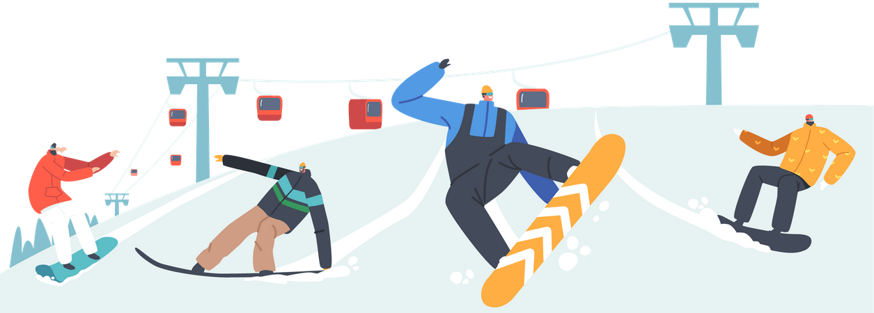 Pessoas praticando snowboard  Ilustração