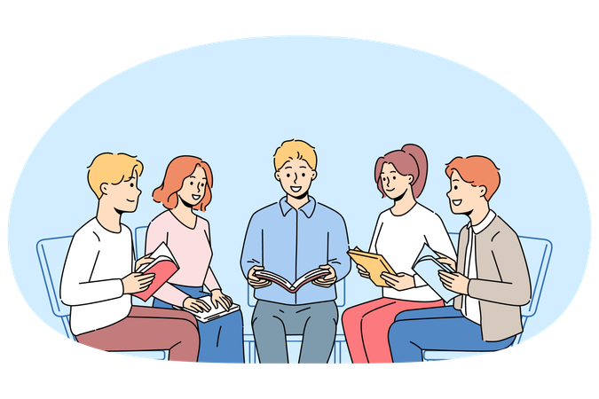 Pessoas sorrindo lendo um livro sentadas em círculo  Ilustração
