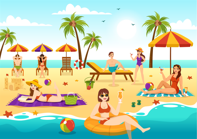 Pessoas tomando banho de sol na praia  Ilustração