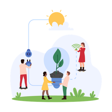 Pessoas trabalhando em uma ideia sustentável  Ilustração