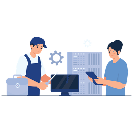 Pessoas trabalhando no serviço de reparo de hardware  Ilustração