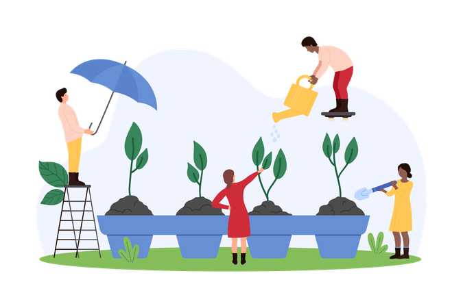 Pessoas trabalhando na agricultura ecológica  Ilustração