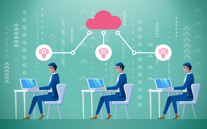 Pessoas que trabalham em computação em nuvem  Ilustração