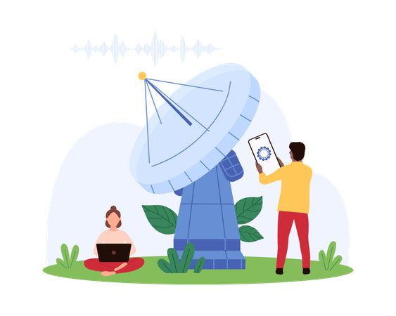 Pessoas trabalhando na estação de radar espacial  Ilustração