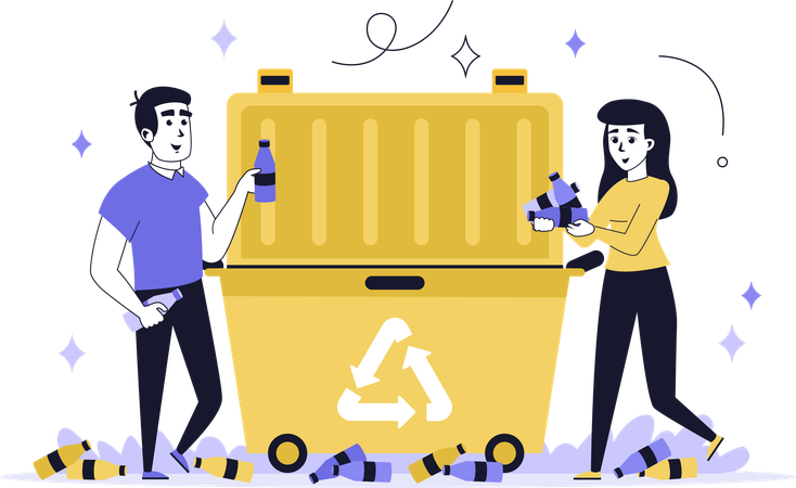 Pessoas trabalhando na reciclagem de garrafas plásticas  Ilustração
