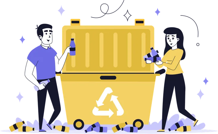 Pessoas trabalhando na reciclagem de garrafas plásticas  Ilustração