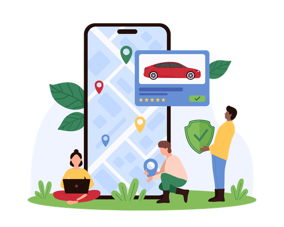 Pessoas trabalhando na segurança do compartilhamento de carros online  Ilustração