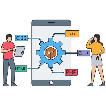 Pessoas trabalhando no desenvolvimento de API  Ilustração