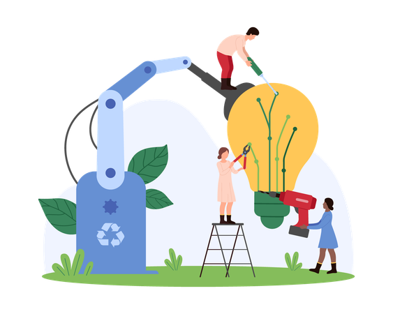 Pessoas trabalhando no desenvolvimento de projeto ecológico de energia verde  Ilustração