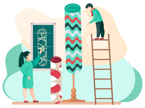Pessoas trabalhando no novo design de carpete  Ilustração