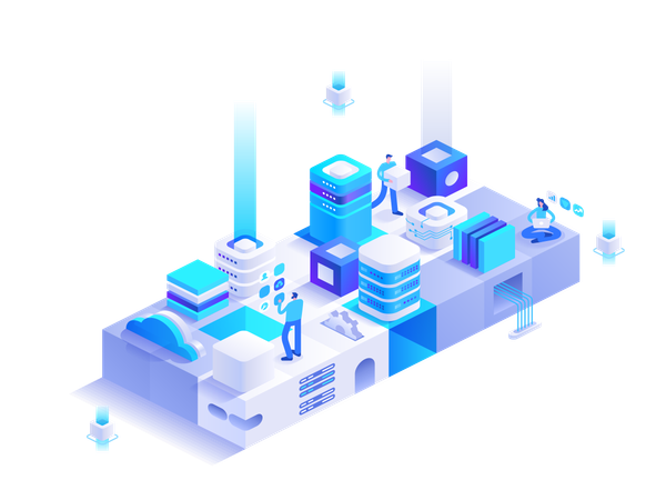 Pessoas trabalhando no servidor do datacenter  Ilustração