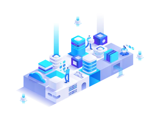 Pessoas trabalhando no servidor do datacenter  Ilustração